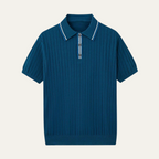 Men's Cable Knit Zip Placket Polo Shirt with Stripe Collar