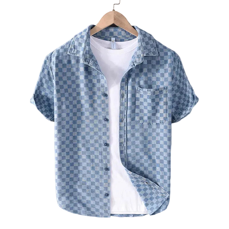 Men's Checkerboard Print Camp Collar Shirt with Chest Pocket