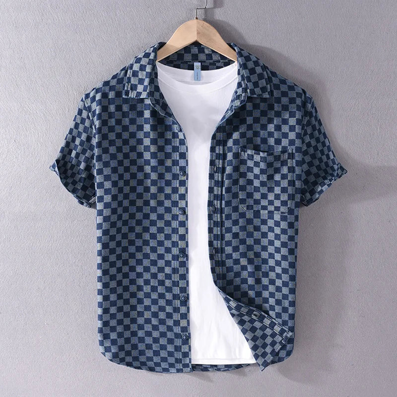 Men's Checkerboard Print Camp Collar Shirt with Chest Pocket