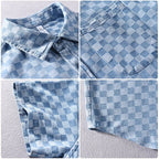 Men's Checkerboard Print Camp Collar Shirt with Chest Pocket
