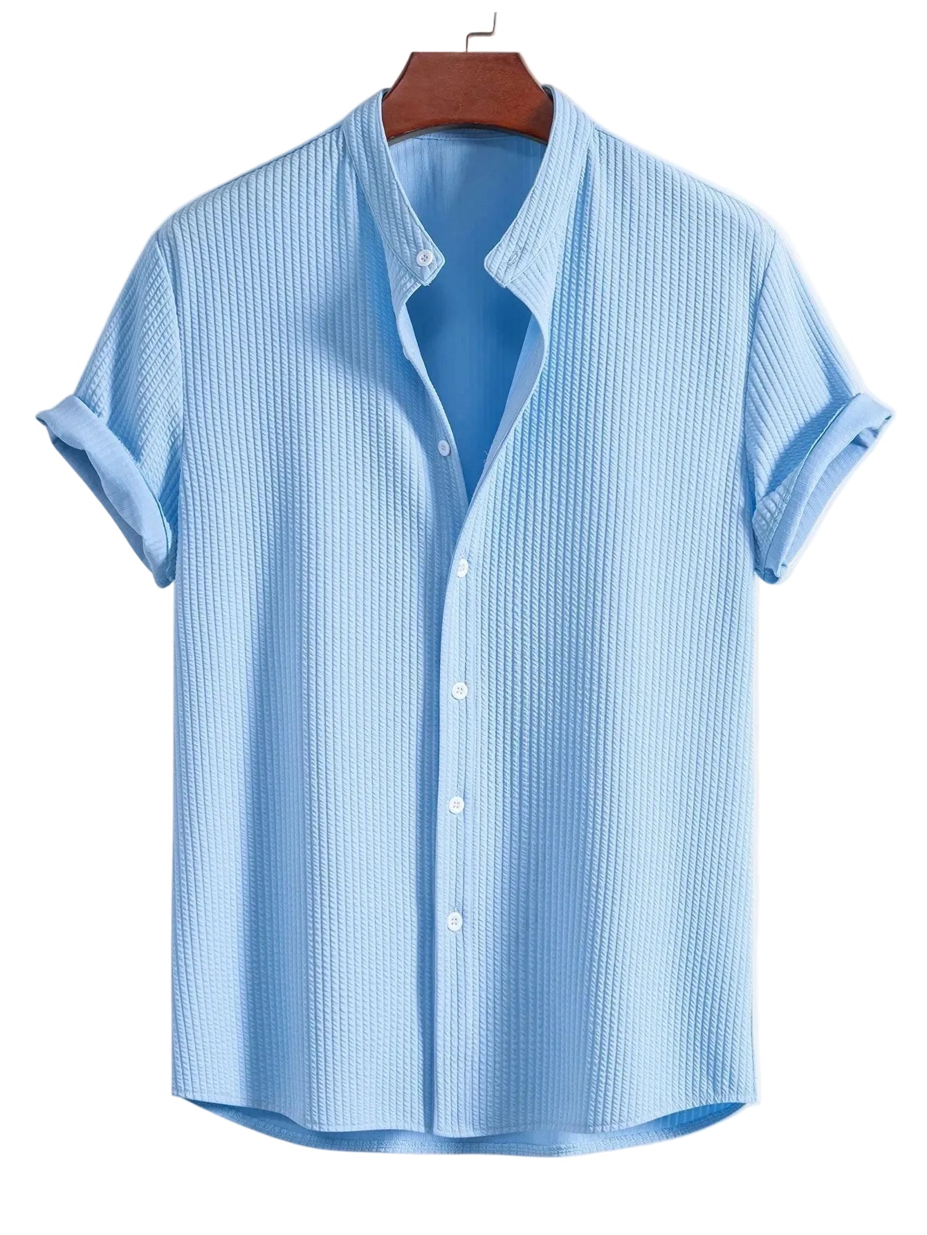 Men's Ribbed Short Sleeve Shirt with Band Collar