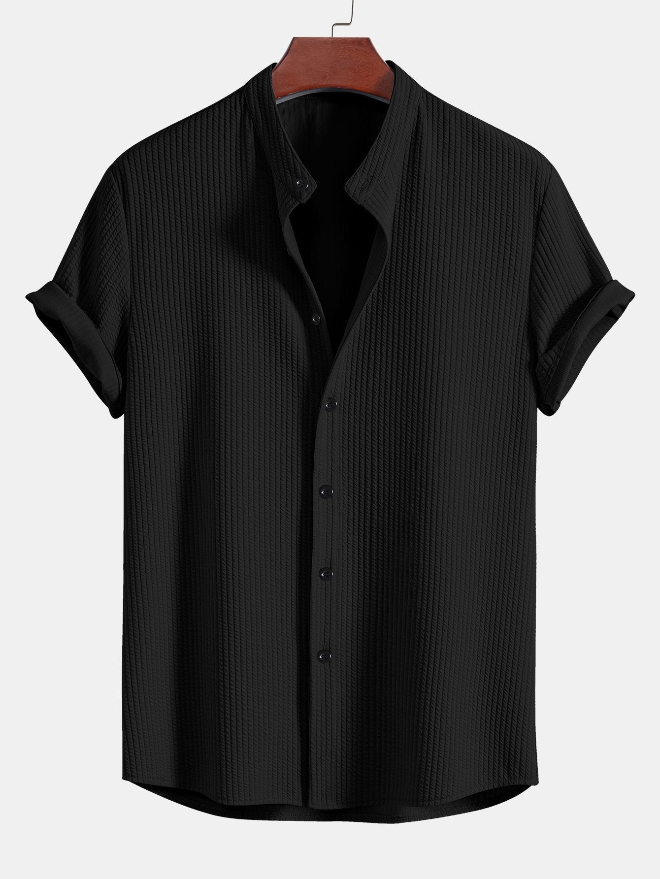 Men's Ribbed Short Sleeve Shirt with Band Collar