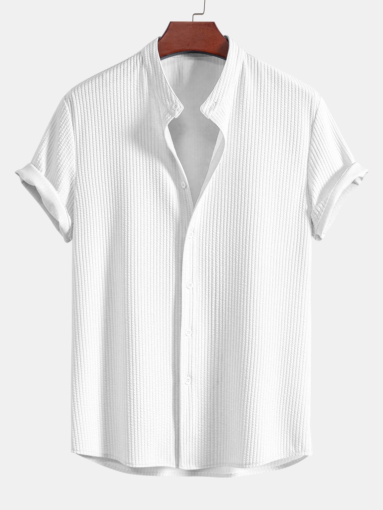 Men's Ribbed Short Sleeve Shirt with Band Collar