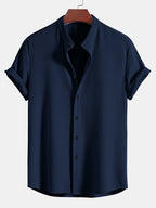 Men's Ribbed Short Sleeve Shirt with Band Collar