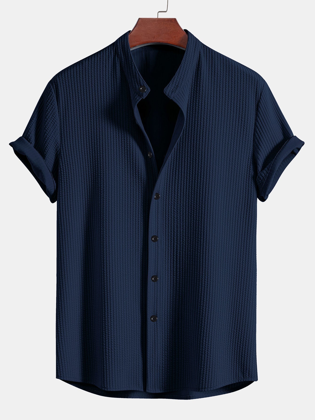Men's Ribbed Short Sleeve Shirt with Band Collar