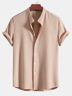 Men's Ribbed Short Sleeve Shirt with Band Collar