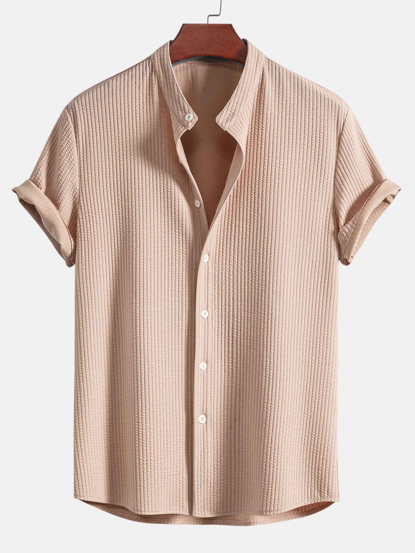 Men's Ribbed Short Sleeve Shirt with Band Collar