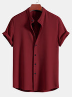 Men's Ribbed Short Sleeve Shirt with Band Collar