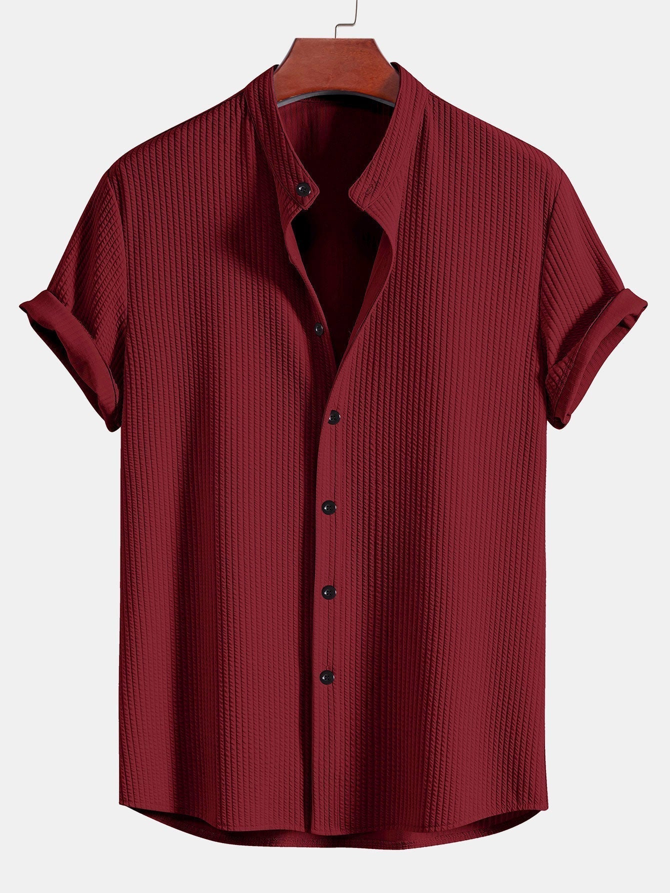 Men's Ribbed Short Sleeve Shirt with Band Collar