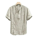 Men's Short Sleeve Henley with Stand Collar and Pintuck Front