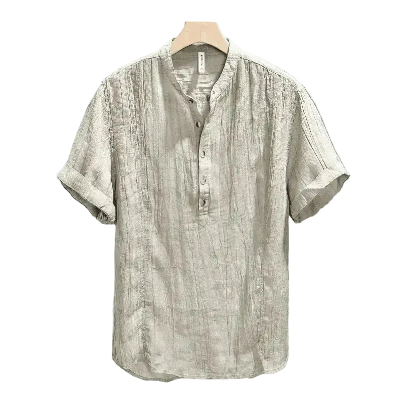 Men's Short Sleeve Henley with Stand Collar and Pintuck Front