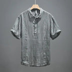 Men's Short Sleeve Henley with Stand Collar and Pintuck Front