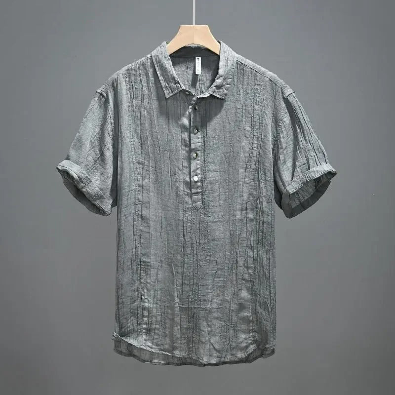 Men's Short Sleeve Henley with Stand Collar and Pintuck Front