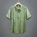 Men's Short Sleeve Henley with Stand Collar and Pintuck Front