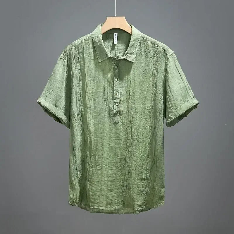 Men's Short Sleeve Henley with Stand Collar and Pintuck Front