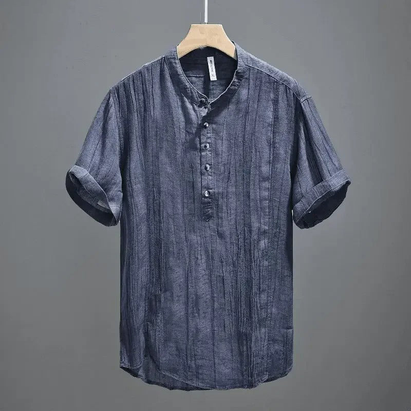 Men's Short Sleeve Henley with Stand Collar and Pintuck Front