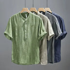 Men's Short Sleeve Henley with Stand Collar and Pintuck Front