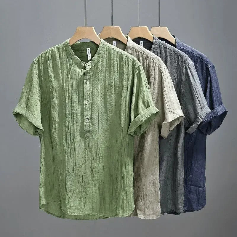 Men's Short Sleeve Henley with Stand Collar and Pintuck Front