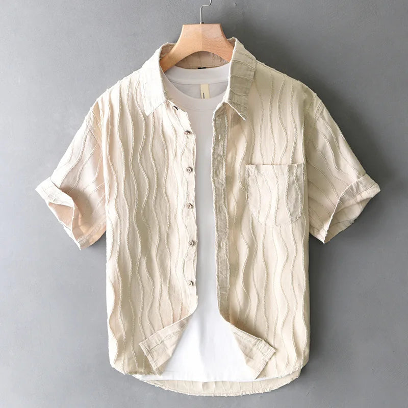 Men's Short Sleeve Wave Texture Shirt with Chest Pocket
