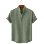 Men's Stand Collar Short Sleeve Button-Up Shirt with Rolled Cuffs