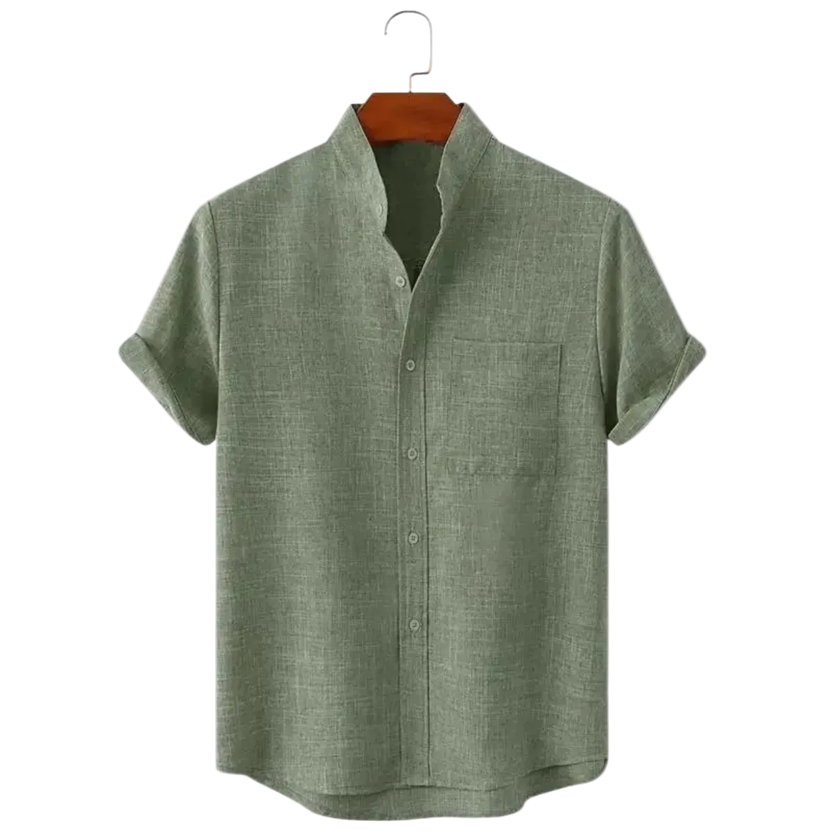Men's Stand Collar Short Sleeve Button-Up Shirt with Rolled Cuffs