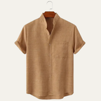 Men's Stand Collar Short Sleeve Button-Up Shirt with Rolled Cuffs