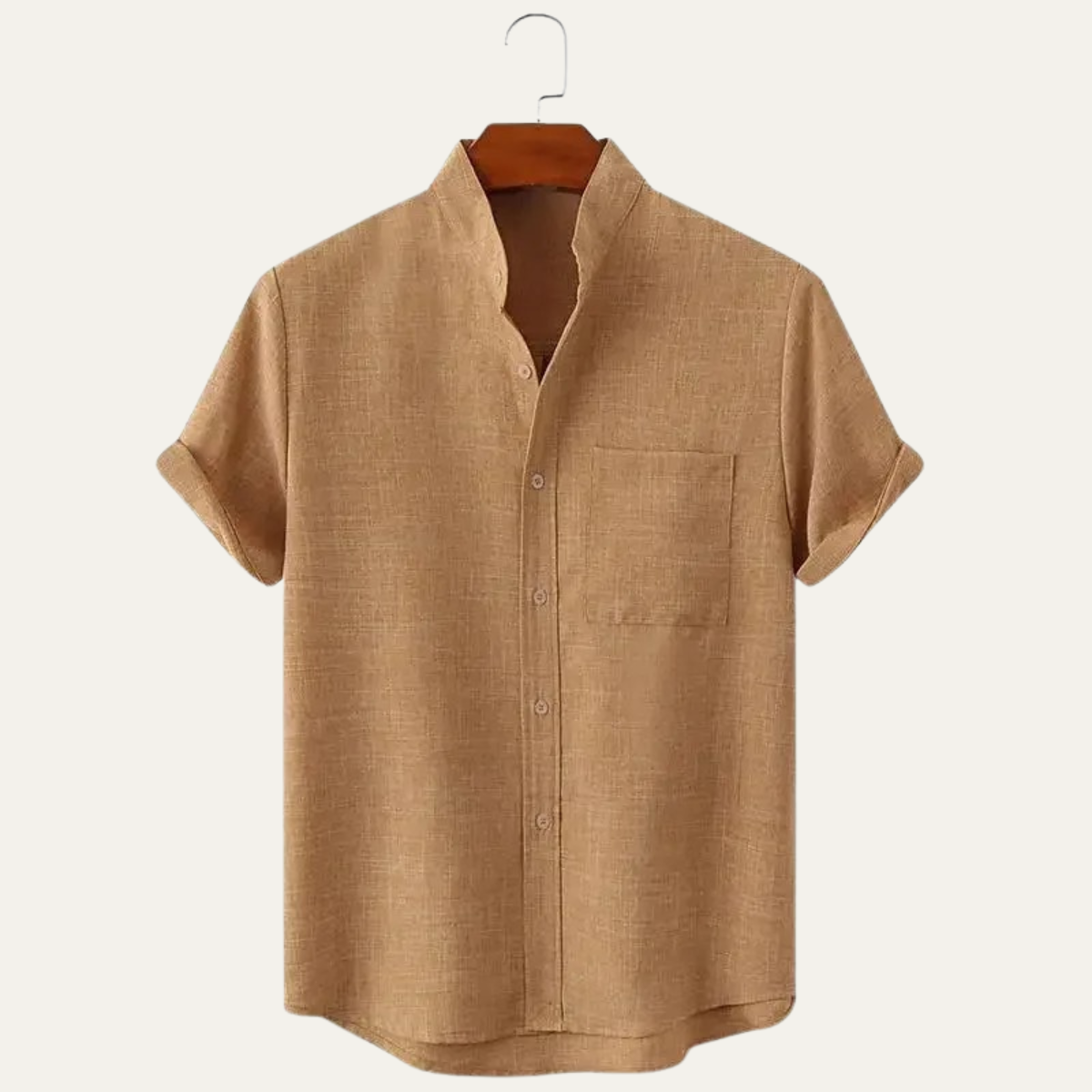 Men's Stand Collar Short Sleeve Button-Up Shirt with Rolled Cuffs