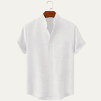 Men's Stand Collar Short Sleeve Button-Up Shirt with Rolled Cuffs