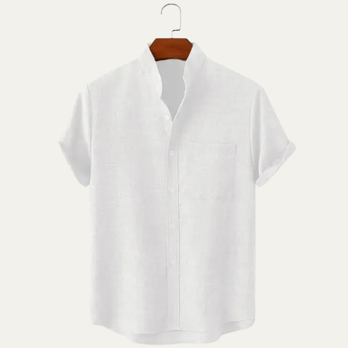 Men's Stand Collar Short Sleeve Button-Up Shirt with Rolled Cuffs