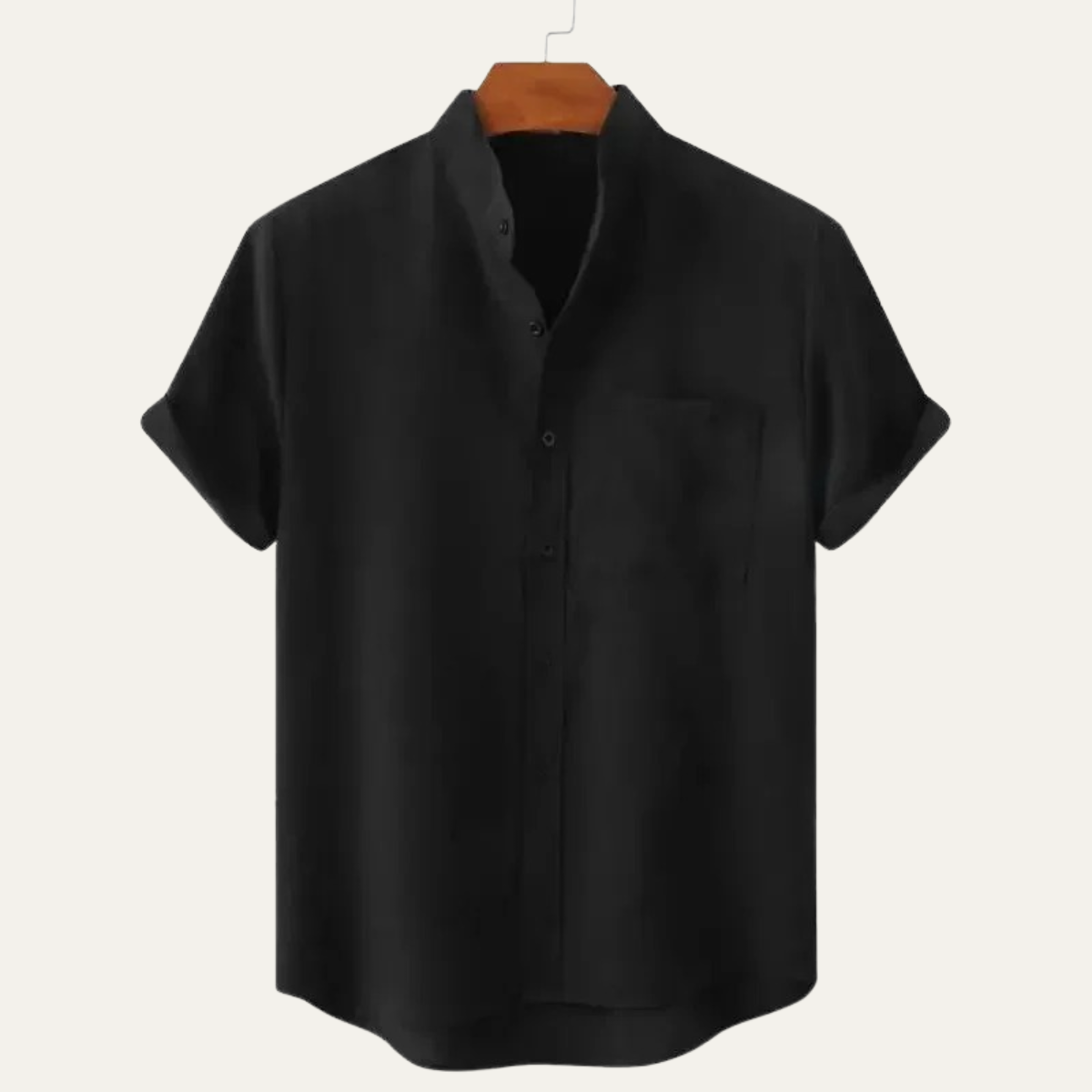 Men's Stand Collar Short Sleeve Button-Up Shirt with Rolled Cuffs
