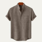 Men's Stand Collar Short Sleeve Button-Up Shirt with Rolled Cuffs