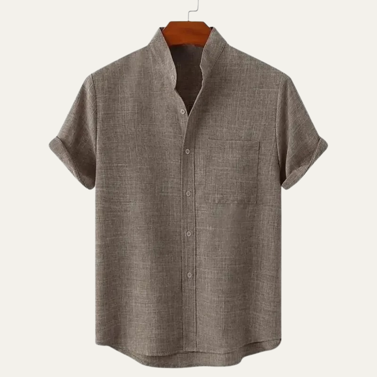Men's Stand Collar Short Sleeve Button-Up Shirt with Rolled Cuffs