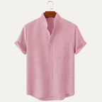 Men's Stand Collar Short Sleeve Button-Up Shirt with Rolled Cuffs