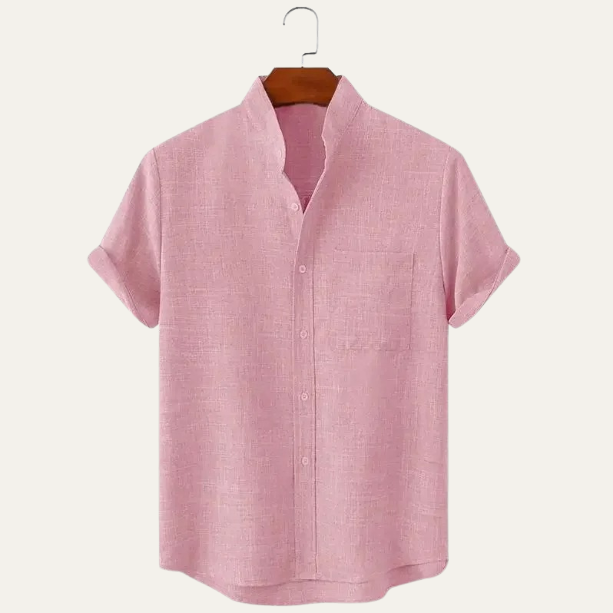 Men's Stand Collar Short Sleeve Button-Up Shirt with Rolled Cuffs