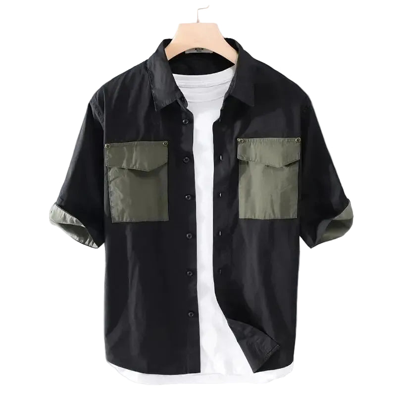 Men's Two-Tone Short Sleeve Shirt with Contrast Patch Pockets