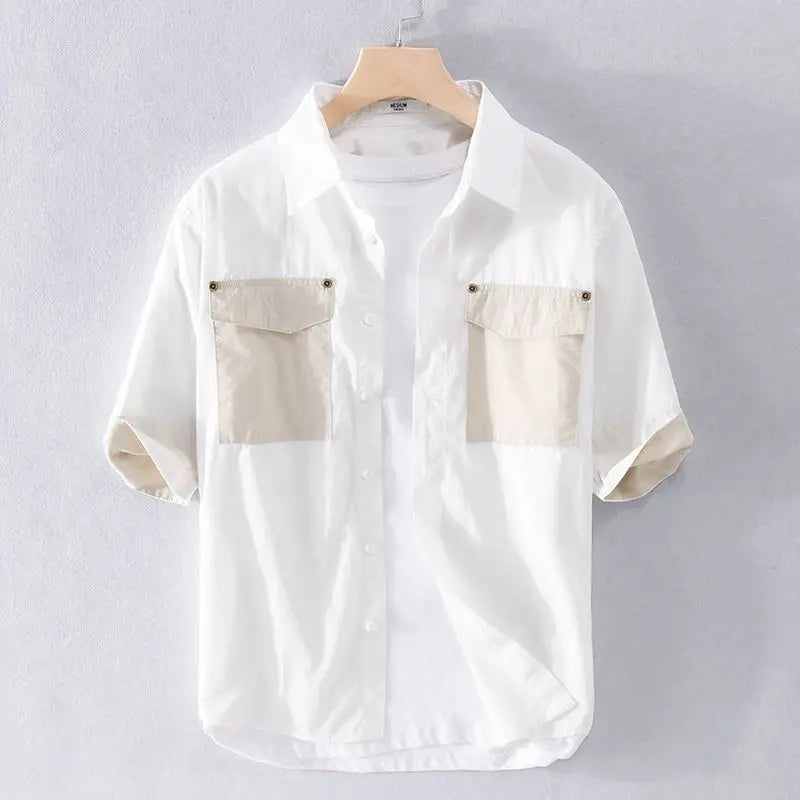 Men's Two-Tone Short Sleeve Shirt with Contrast Patch Pockets