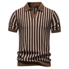 Men's Vertical Stripe Knit Polo Shirt with Open V-Notch Collar