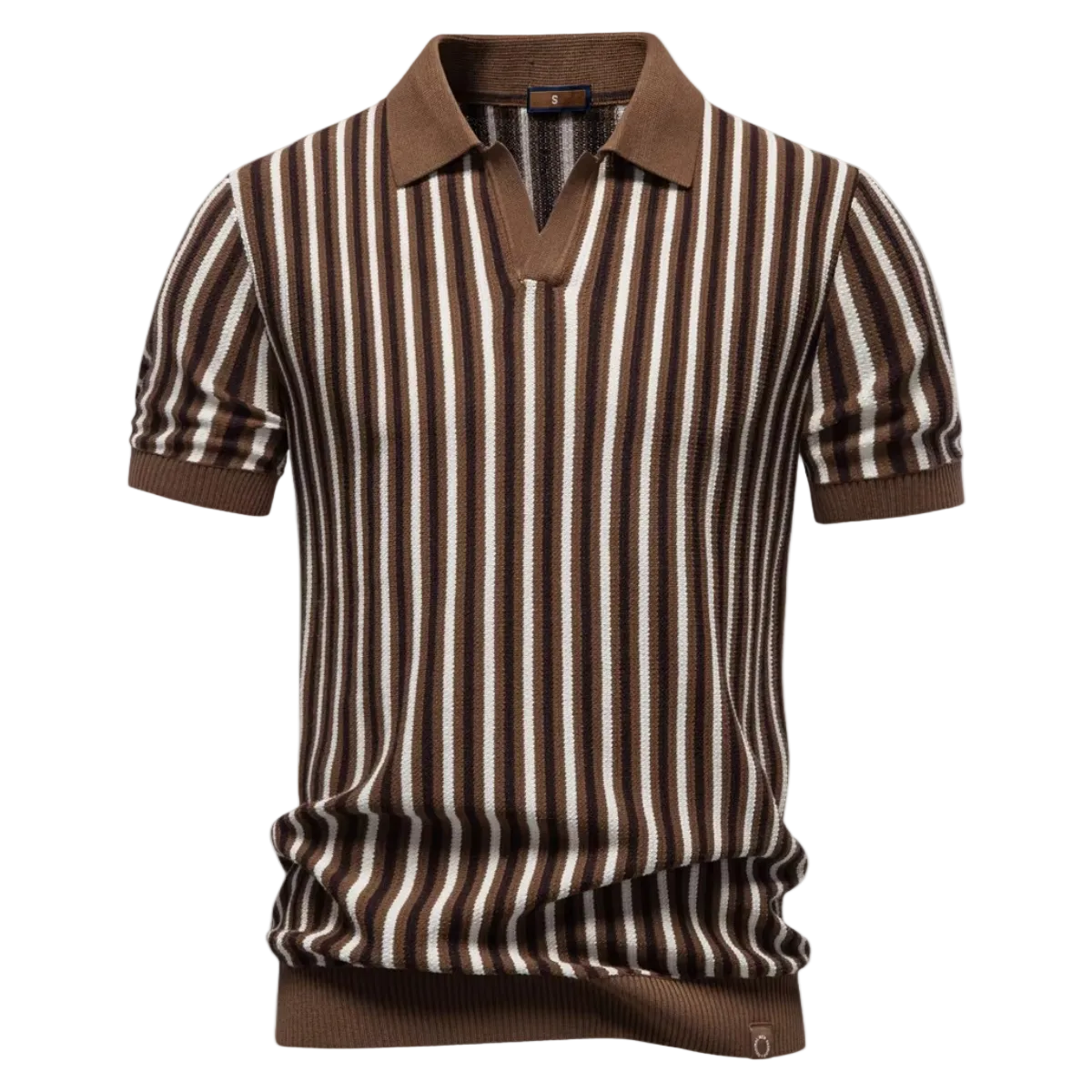 Men's Vertical Stripe Knit Polo Shirt with Open V-Notch Collar