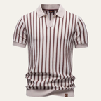 Men's Vertical Stripe Knit Polo Shirt with Open V-Notch Collar