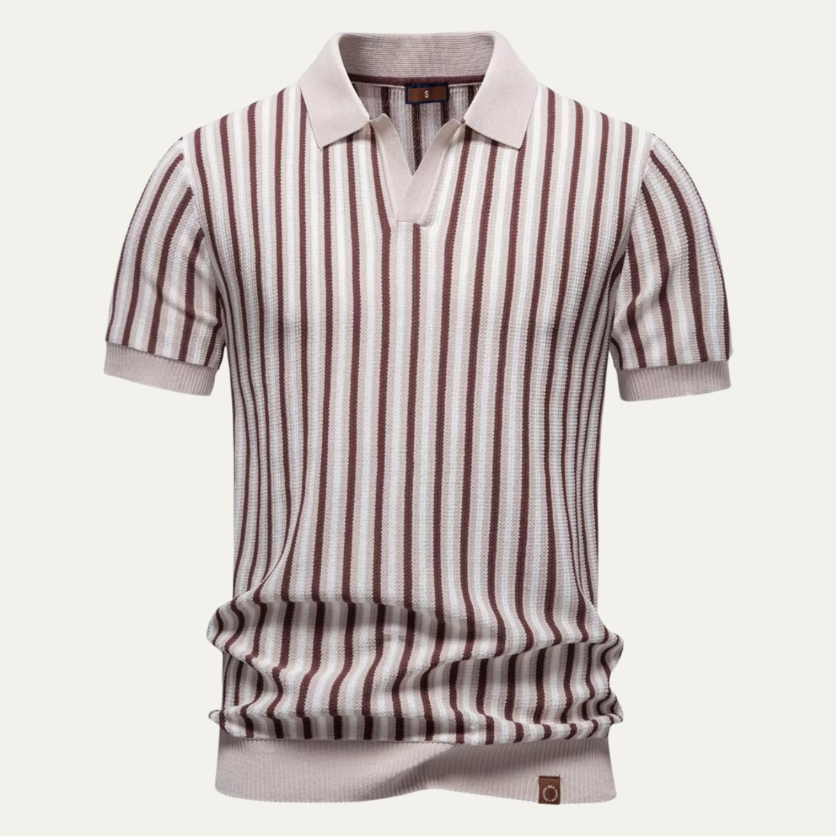 Men's Vertical Stripe Knit Polo Shirt with Open V-Notch Collar