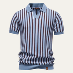 Men's Vertical Stripe Knit Polo Shirt with Open V-Notch Collar