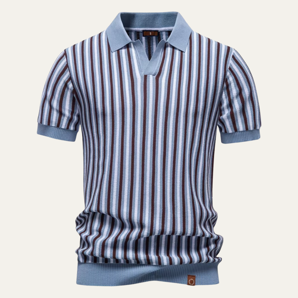 Men's Vertical Stripe Knit Polo Shirt with Open V-Notch Collar