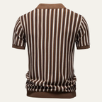 Men's Vertical Stripe Knit Polo Shirt with Open V-Notch Collar