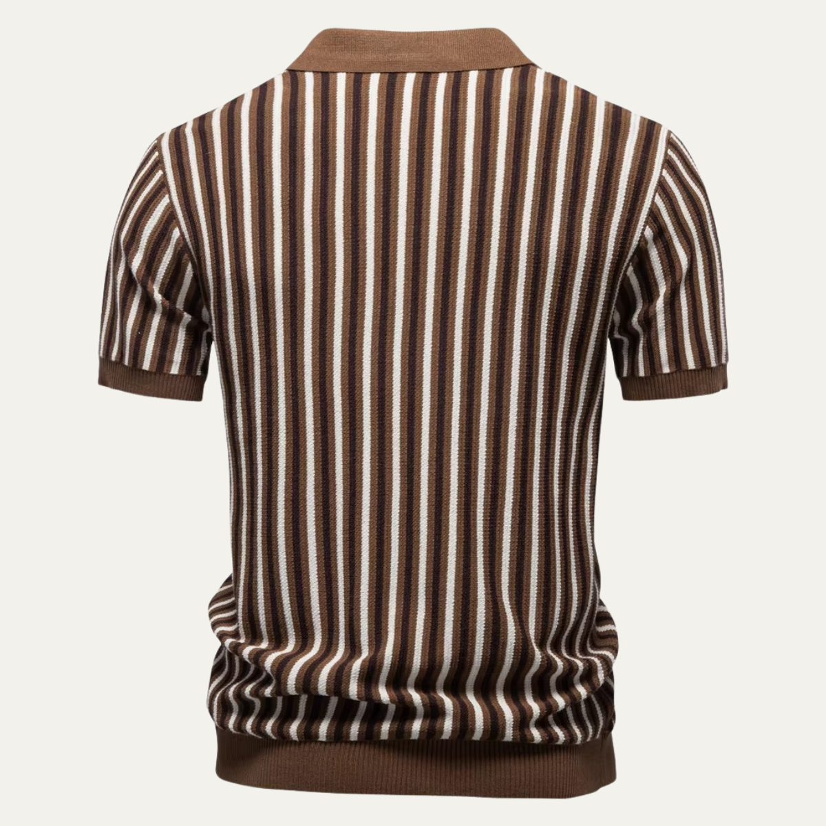 Men's Vertical Stripe Knit Polo Shirt with Open V-Notch Collar