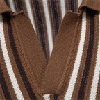 Men's Vertical Stripe Knit Polo Shirt with Open V-Notch Collar