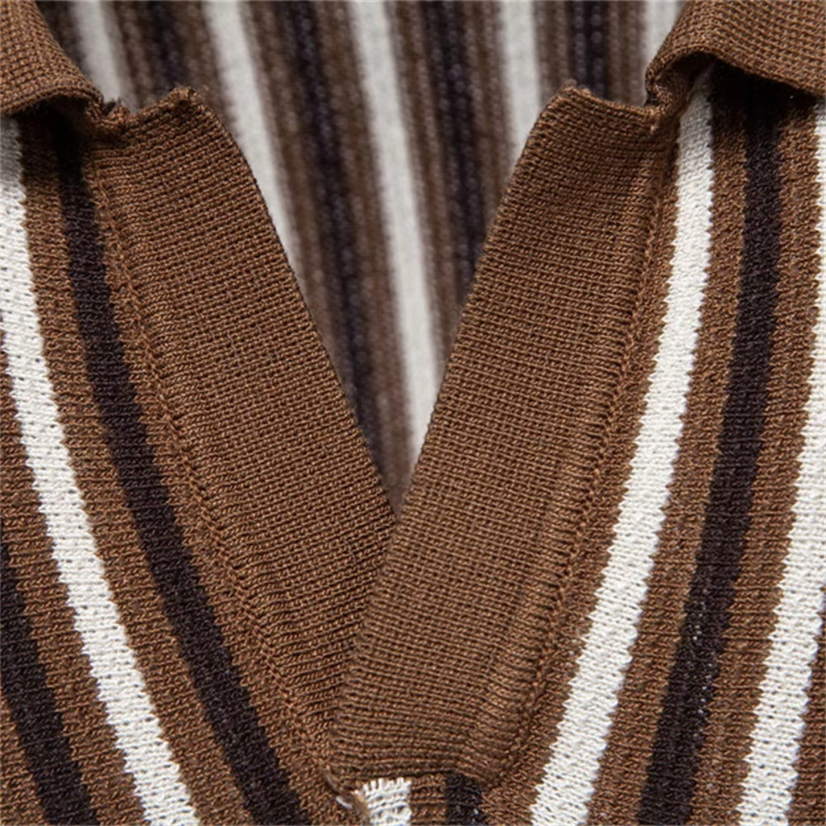 Men's Vertical Stripe Knit Polo Shirt with Open V-Notch Collar