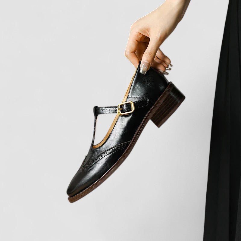 Women's Brogue T-Strap Mary Jane Low Heels