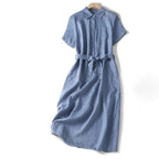 Women's Collared Button-Front Midi Dress with Tie Waist