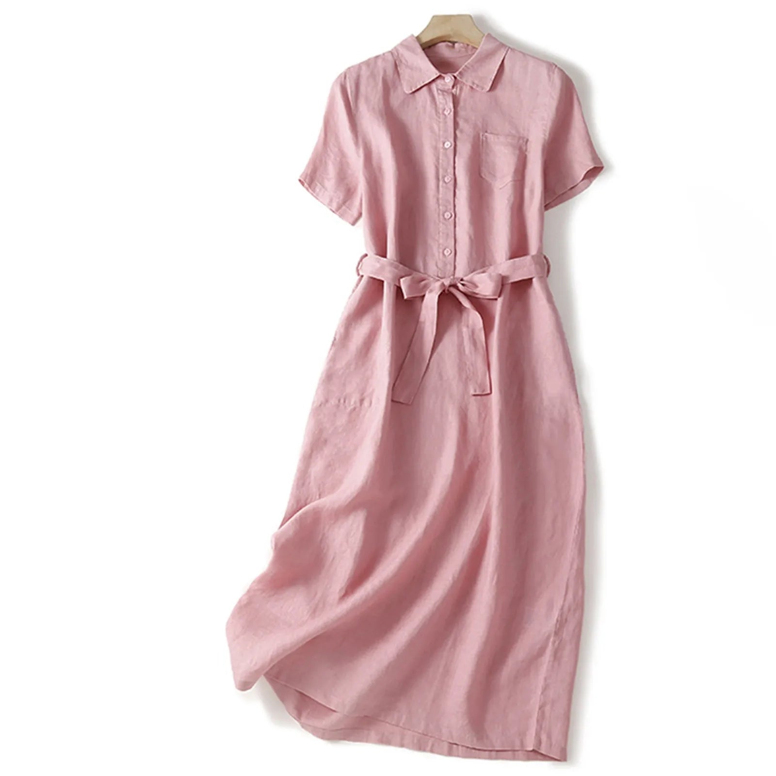 Women's Collared Button-Front Midi Dress with Tie Waist