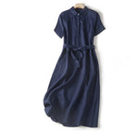 Women's Collared Button-Front Midi Dress with Tie Waist